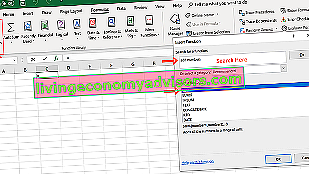 Rumus Excel Asas - Menggunakan Pilihan Fungsi Sisipkan dari Tab Rumus