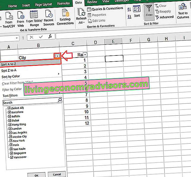 Alphabétisation dans Excel - Filtre Étape 2b
