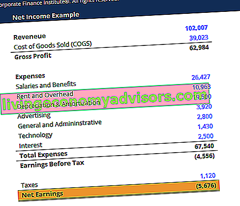 Captura de pantalla de la plantilla de ingresos netos