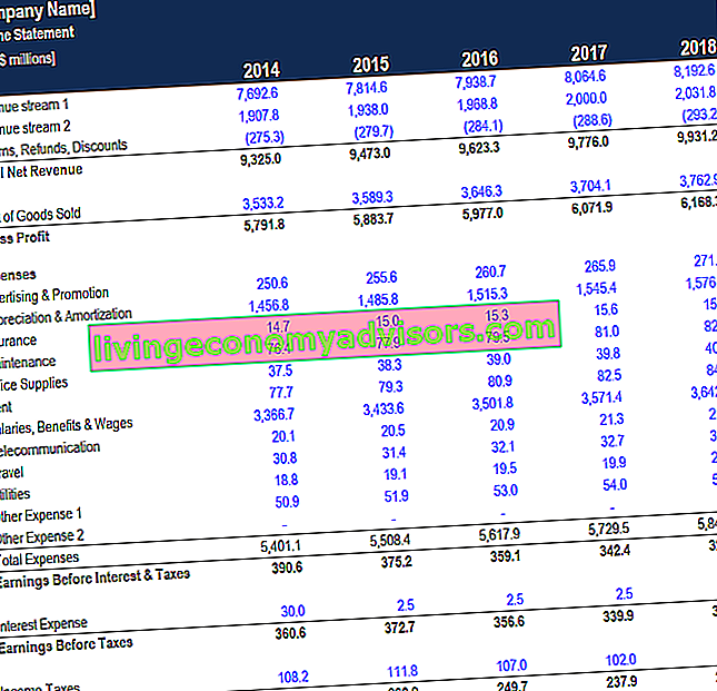 Screenshot van de sjabloon van het jaarlijkse inkomstenoverzicht